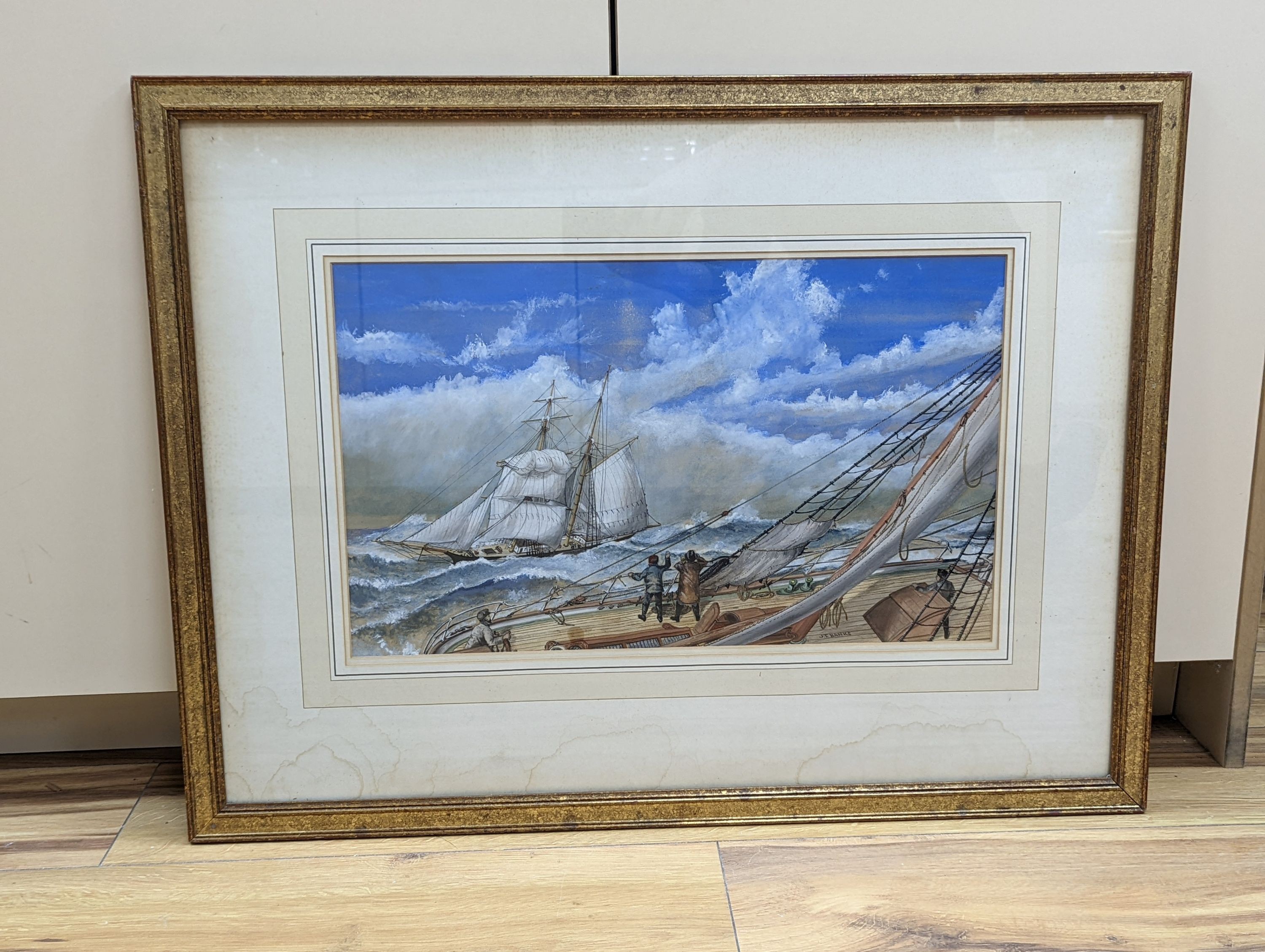 J.T. Banks (19th C.), watercolour and gouache, 'D'Ye Want Any Assistance', Barque Serena under jury rig in the North Pacific, Brigantine bearing down to offer help, May 1878', signed, 30 x 50cm